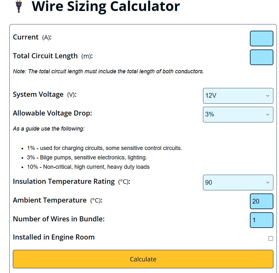 marine wire size calculator